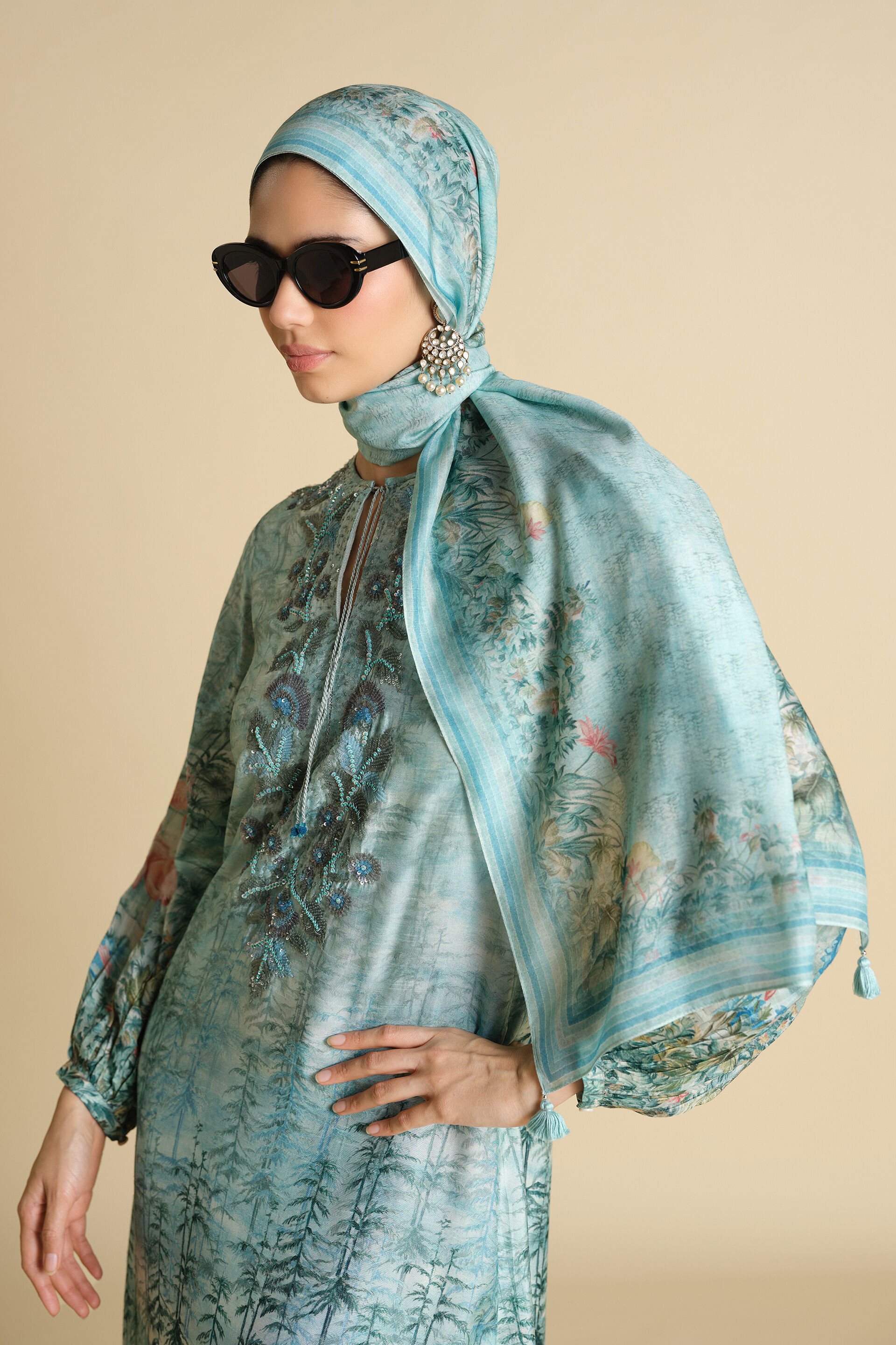 Nabha Printed Silk Stole - Powder Blue